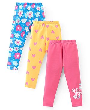 Babyhug Cotton Lycra Knit Full Length Stretchable Leggings with Floral & Heart Print Pack of 3 - Multicolour