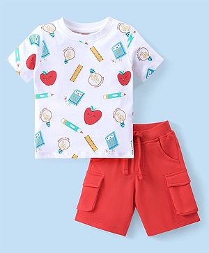 Babyhug Cotton Knit Half Sleeves T-Shirt & Shorts Set With Back To School Theme Print - White & Red