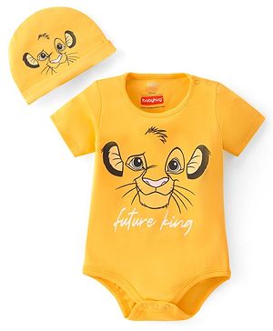 Babyhug Disney Interlock Cotton Knit Half Sleeves Onesie with Lion King Graphic & Cap - Yellow