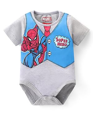 Babyhug Marvel Interlock Knit Half Sleeves Onesie With Spider Man Print - Grey