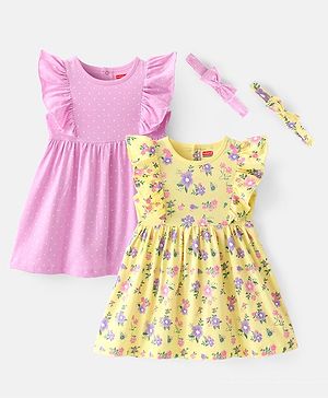 Babyhug Cotton Knit Frill Sleeves Floral & Polka Dots Printed Frocks with Headbands Pack of 2 - Yellow & Pink