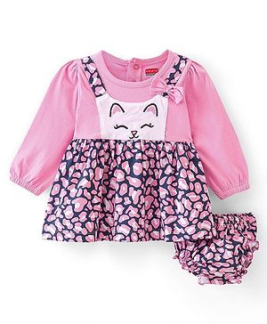 Babyhug Single Jersey Knit Full Sleeves Frock with Bloomer Kitty Embroidered & Bow Applique- Pink