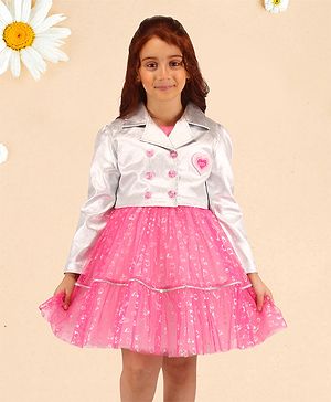 Cutecumber Foil Printed Net Dress With Full Sleeves Heart Applique Metallic Twill Jacket - Pink