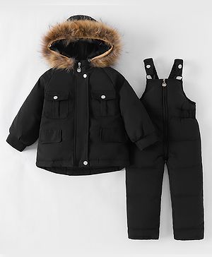 Kookie Kids Full Sleeves Hooded Winter Wear Suit With Padded Jumper Pants - Black