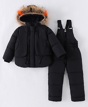 Kookie Kids Full Sleeves Hooded Winter Wear Suit With Padded Jumper Pants - Black