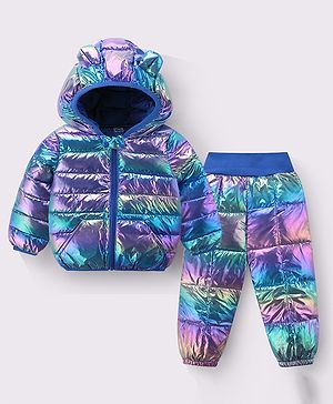 Kookie Kids Full Sleeves Hooded Front Zipper Holographic Winter Wear Suit - Navy