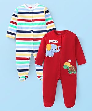 Babyhug Cotton Knit Full Sleeves Sleep Suits With Stripes Design & Animals Print Pack Of 2 - White & Red