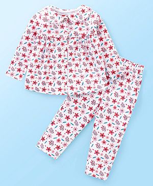 Babyhug Cotton Knit Full Sleeves Peter Pan Collared Night Suit With Floral Print - Multicolor