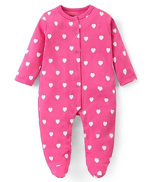 Babyhug Cotton Knit Full Sleeves Sleep Suit With Hearts Print - Pink