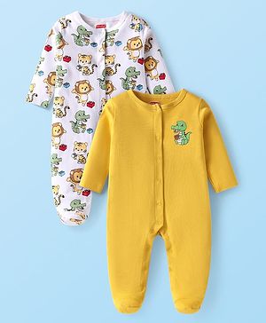 Babyhug Cotton Knit Full Sleeves  Animal Printed Sleep Suits Pack of 2 - Yellow & White