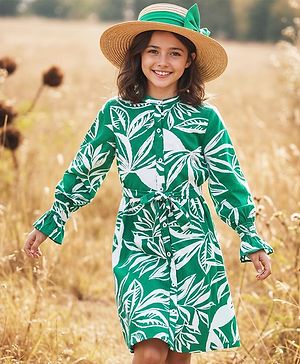 Pine Kids Viscose Rayon Woven Full Sleeves Mandarin Collar Front Open Frock with Floral Print - Green