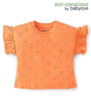 Babyoye Single Jersey Knit Frill Sleeves Schiffli  Top with Floral Embroidery - Orange