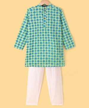 Pine Kids Cotton Woven Full Sleeves Kurta Pyjama Set With Floral Print - Teal Blue