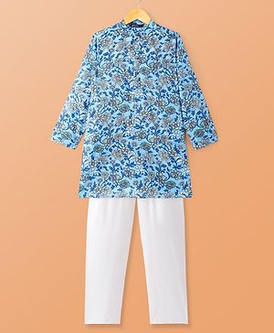 Pine Kids Cotton Woven Full Sleeves Kurta Pyjama Set Floral Print - Light Blue