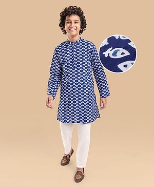 Pine Kids Cotton Woven Full Sleeves Printed Kurta Pyjama Set - Blue