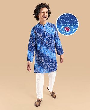 Pine Kids Cotton Woven Full Sleeves Bandhani Print Kurta Pyjama Set - Blue