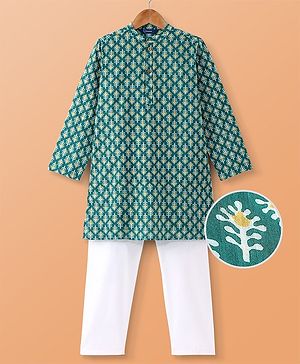 Pine Kids Cotton Woven Full Sleeves Kurta Pyjama Set With Floral Print- Dark Green