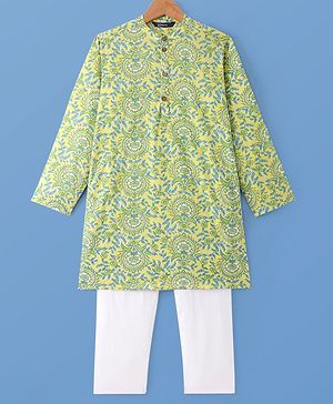 Pine Kids Cotton Woven Full Sleeves  Kurta Pyjama Set with Floral Print - Yellow