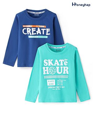 Honeyhap 100% Cotton Knit Full Sleeves T-Shirts with Text Print Pack of 2  - Limoges Blue & Pool Green