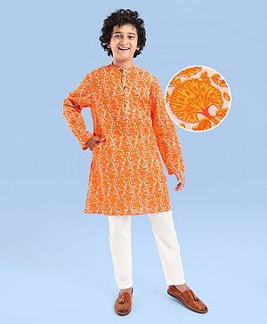 Pine Kids Cotton Woven Full Sleeves Kurta Pyjama Set With Floral Print - Orange