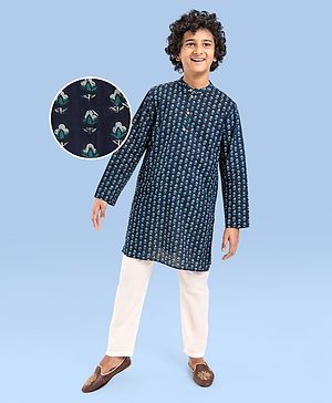 Pine Kids Cotton Woven Full Sleeves  Kurta Pyjama Set Floral Print - Navy Blue