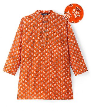 Pine Kids Cotton Woven Full Sleeves Kurta Floral Print - Rust