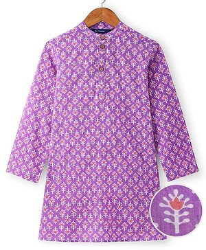 Pine Kids Cotton Woven Full Sleeves Kurta with Floral Print- Lilac