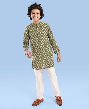 Pine Kids Cotton Woven Full Sleeves Printed Kurta - Olive Green