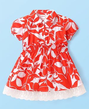Babyhug Poplin Woven Half Sleeves Shirt Dress with Smoked & Lace Detailing Floral Print - Red & White