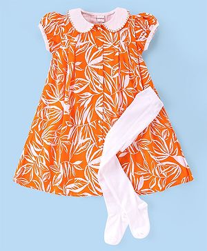 Babyhug Cambric Woven Puffed Sleeves A Line Frock with Peter Pan Collar Leaf Print - Orange
