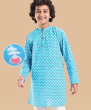 Pine Kids Cotton Woven Full Sleeves Kurta Floral Print - Light Blue