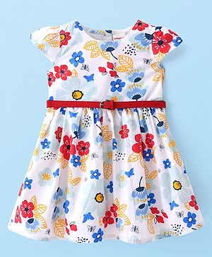 Babyhug Rayon Woven Cap Sleeves A-Line Frock With Floral Print & Belt - White