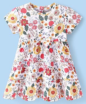 Babyhug Single Jersey half Sleeves Frock with Floral Print - White