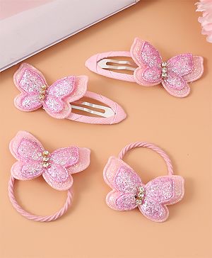Pine Kids Rubber Bands & Snap Clips Set with Butterfly Applique Pack of 4 - Dark Pink