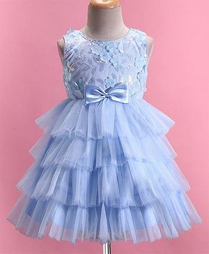 Babyhug Woven Sleeveless Layered  Party Frock with Sequin & Floral Detailing Bow Applique - Blue