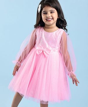 Babyhug  Woven Full Sleeves Shimmered Party Frock with Embellished Yoke & Sequin Detailing Bow Applique - Pink
