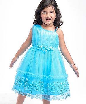 Babyhug Woven Sleeveless Fit & Flared Party Frock with Corsage Applique & Sequin Embroidery Detailing - Aqua Blue