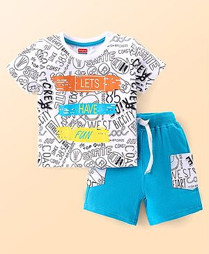 Babyhug Single Jersey Knit Half Sleeves T-Shirt & Short Set with Text Print - Blue & White