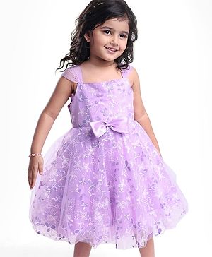 Babyhug Woven Sleeveless Fit & Flare Party Frock With Glitter Floral Detailing & Bow Applique - Lilac