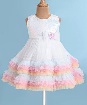 Babyhug Woven Sleeveless Fit and Flare Sequinned Mesh Party Frock with Frill Details At Hem -Multicolor