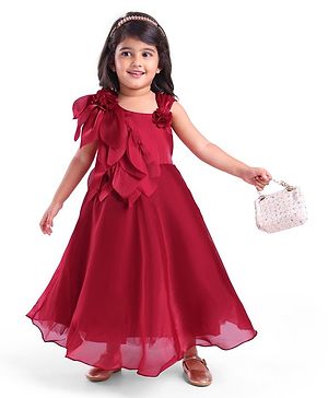 Babyhug Woven Sleeveless Fit and Flare Party Gown  With Leaf and Floral Applique- Maroon