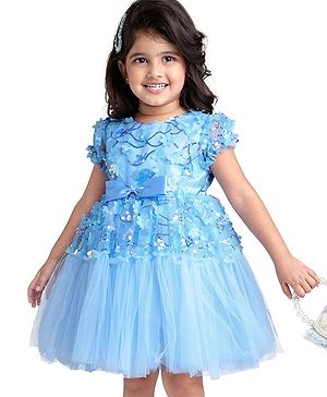 Babyhug Woven Half Puffed Sleeves Fit & Flared Sequined Party Frock with Floral Applique - Blue