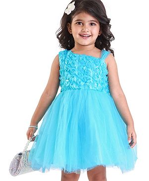 Babyhug Woven Sleeveless Fit & Flared Party Frock with Floral Applique & Textured Yoke Detailing - Aqua Blue