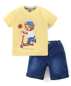 Babyhug Cotton Knit Half Sleeves T-Shirt & Denim Shorts Set With Teddy Print - Yellow & Blue