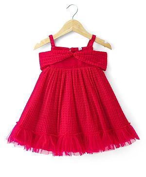 Babyhug Sleeveless Pleated Mesh A Liner Party Frock with Frill Detailing Solid Colour - Red