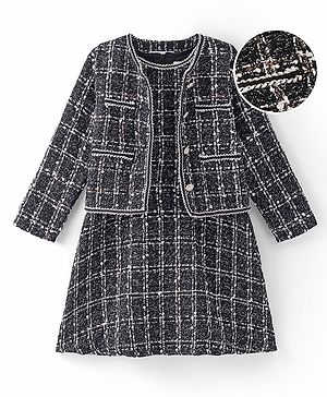 Mark & Mia Knee Length Winter  Party Frock with Full Sleeves Jacket Checks Design - Black