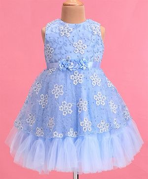 Babyhug Woven Sleeveless Fit & Flare Party Frock with Floral Embroidery & Applique  - Aqua Blue