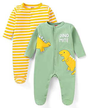 Babyhug Cotton Knit Full Sleeves Striped & Dino Printed Sleep Suits Pack of 2 - Yellow & Green