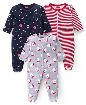 Babyhug Cotton Knit Full Sleeves Sleep Suits With Stripes & Santa Claus Print Pack Of 3 - Red Navy & Light Grey
