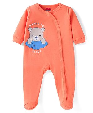 Babyhug Cotton Knit Full Sleeves Footed Sleep Suit With Teddy Bear Print - Orange